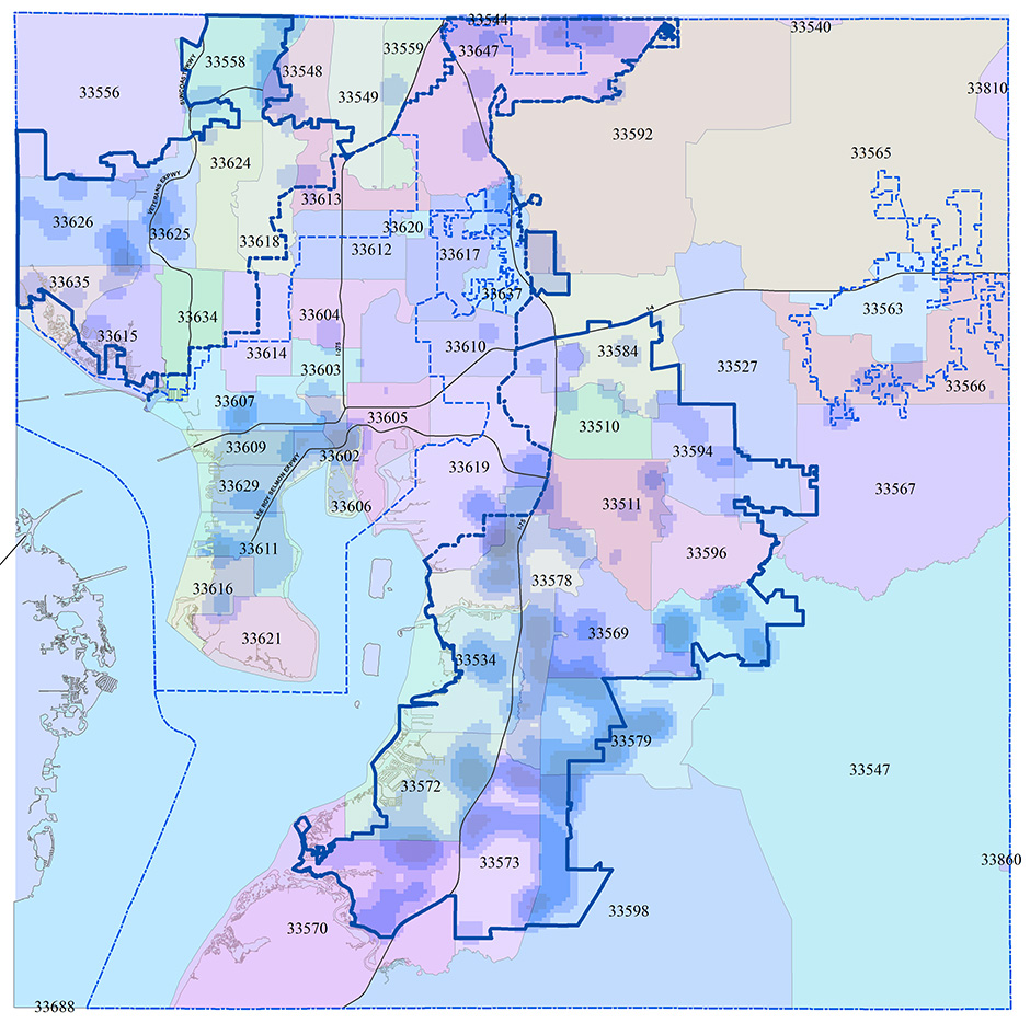 Map shows areas of population growth since 2010 in blue. Darker blue denotes higher population growth. The darkest areas are concentrated in South County, South Tampa and Lutz. The 10 Hillsborough County ZIP Codes with largest growth in the period 2010 through 2020 are: 33547 33548 33570 33572 33573 33578 33579 33598 33602 33619 Seven of these 10 ZIP Codes are located in South County. Most new population is within Urban Service Area.