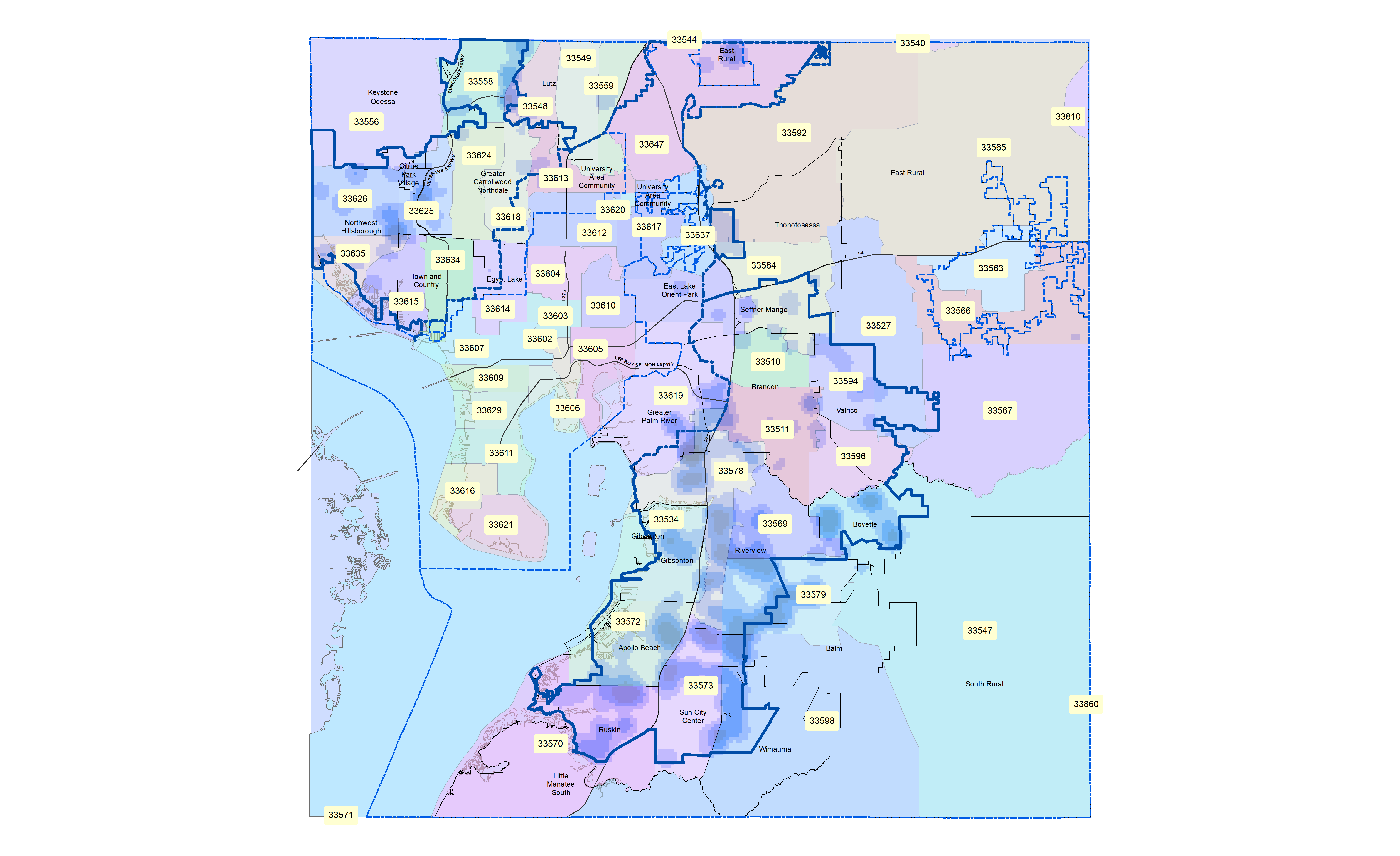 Map shows population growth since 2010 for areas in unincorporated Hillsborough County . Darker blue denotes higher population growth. The darkest areas are concentrated in the Urban Service Area. The 10 Hillsborough County ZIP Codes with largest growth in the period 2010 through 2020 are: 33534 33547 33548 33570 33572 33573 33578 33579 33598 33619