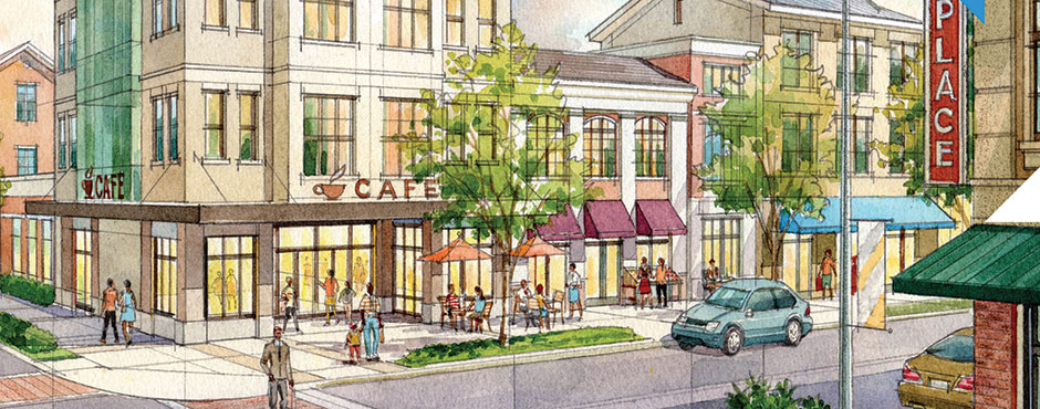 architectural illustration of a commercial district filled with people
