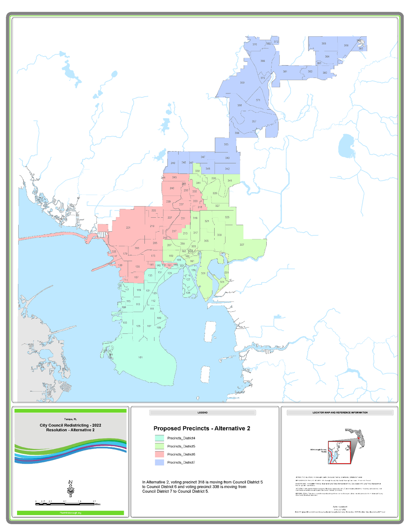 Figure 1 is a map of voting precincts colored by new single member districts for the City Tampa. This single member districts will be in effect for the March 2023 municipal elections. The colors for each Districts are as follows: District 4 (South Tampa) is in cyan District 5 (East Tampa) is in green District 6 (Westshore) is in rose District 7 (New Tampa ) is in blue
