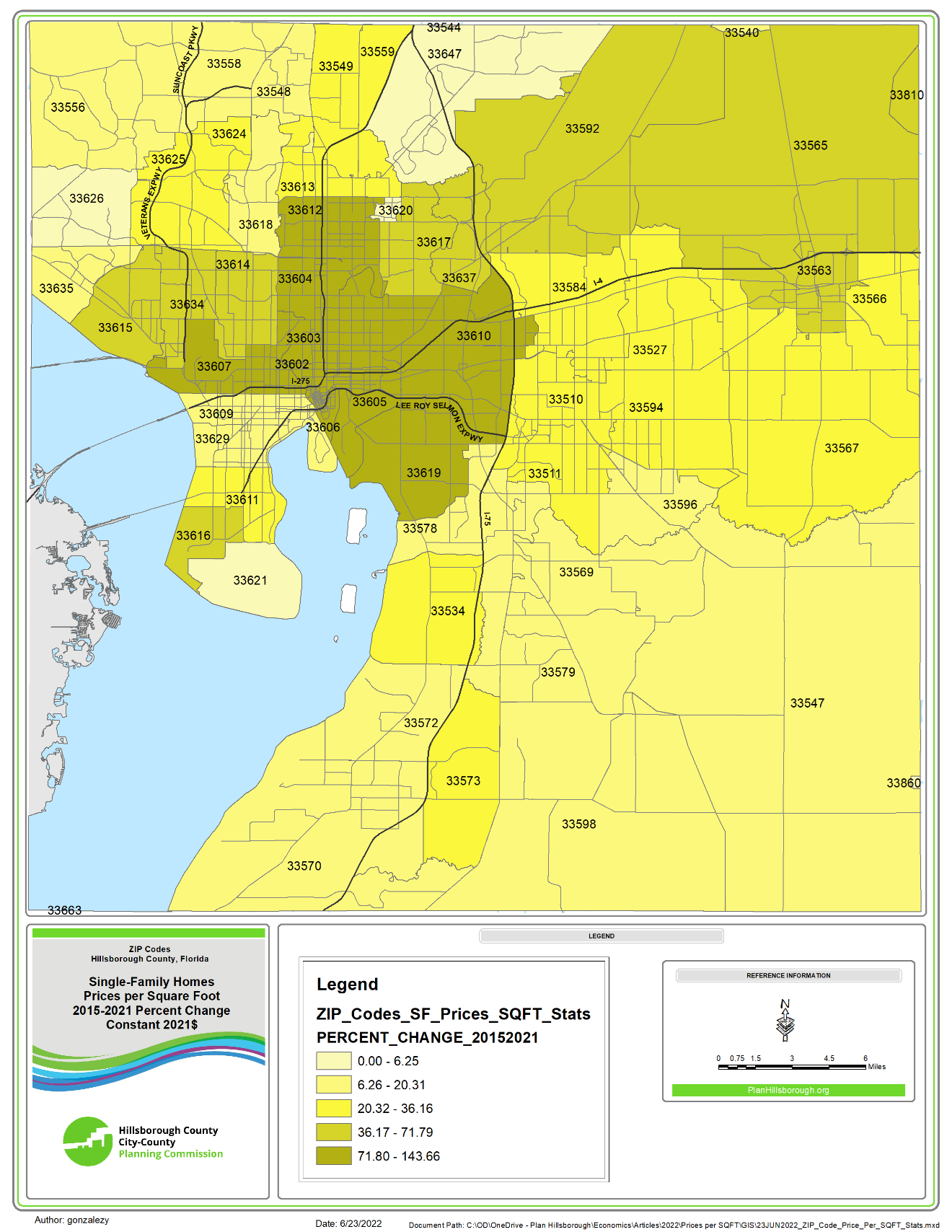 This map shows 2015-2021 percent change in median price per square foot for single-family homes by ZIP Code. The map shows that changes ranged from 0% to 143.66%. Darker yellow denotes higher percent change. The largest changes were observed in Central Tampa, Westshore and the Brandon/Riverview Area.