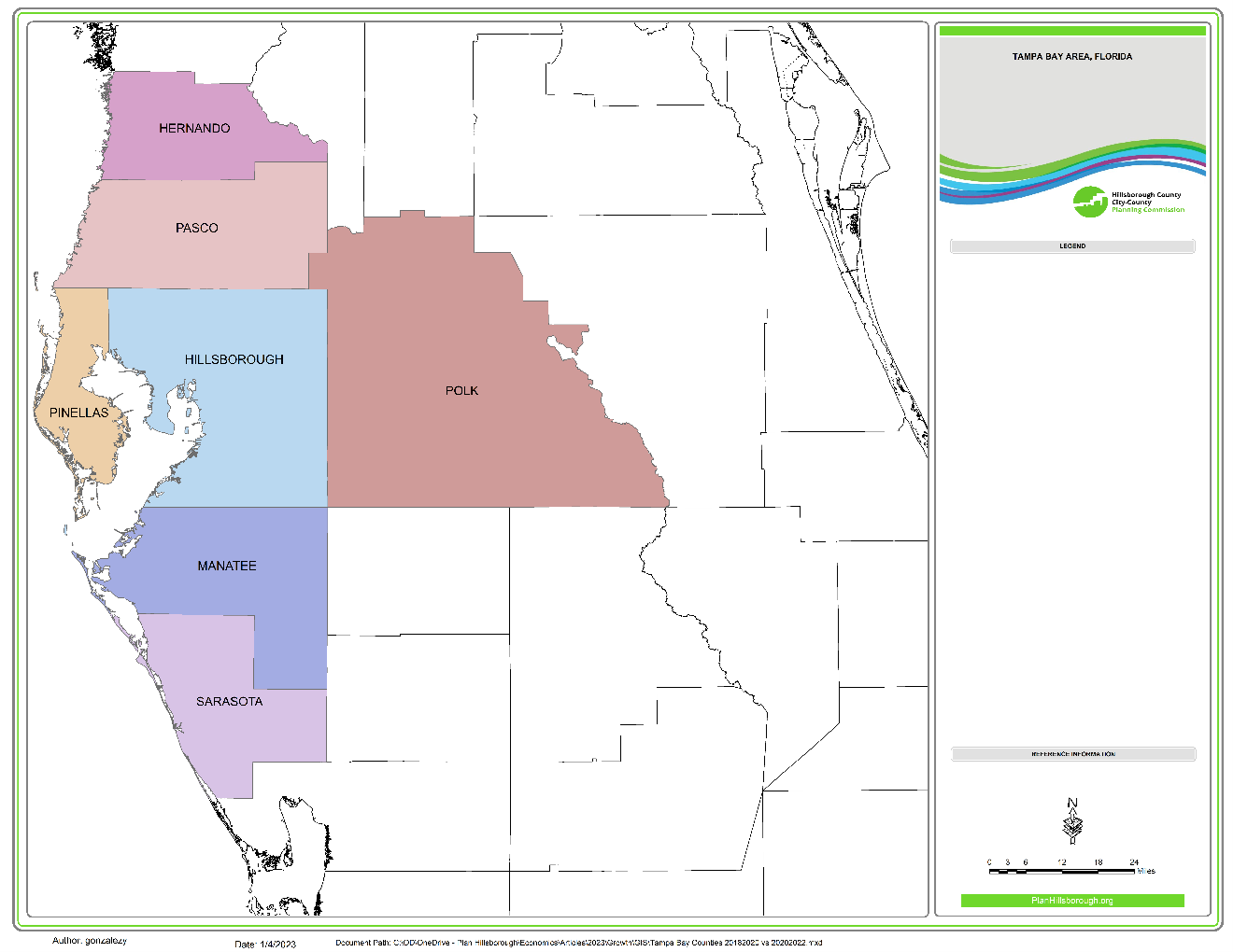 Figure 1 shows the 7 counties in the Tampa Bay Area: Hernando, Hillsborough, Manatee, Pasco, Pinellas, Polk, and Sarasota Counties.