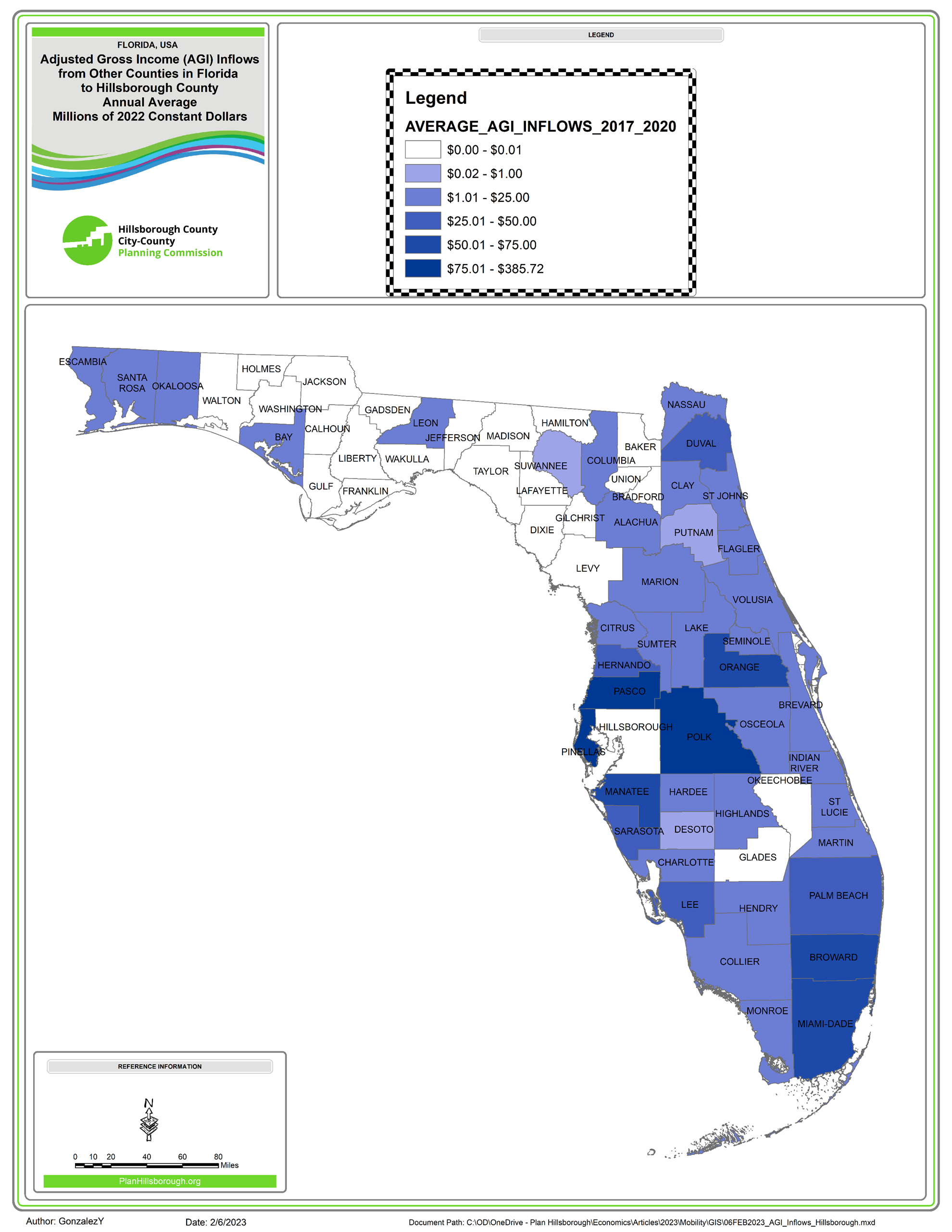 Map shows Florida Counties from which new households moving to Hillsborough County originate. The counties are classified by the number of new households that move to Hillsborough County from there. Manatee, Orange, Pasco, Pinellas, and Polk send over 1,000 new households to Hillsborough County yearly.