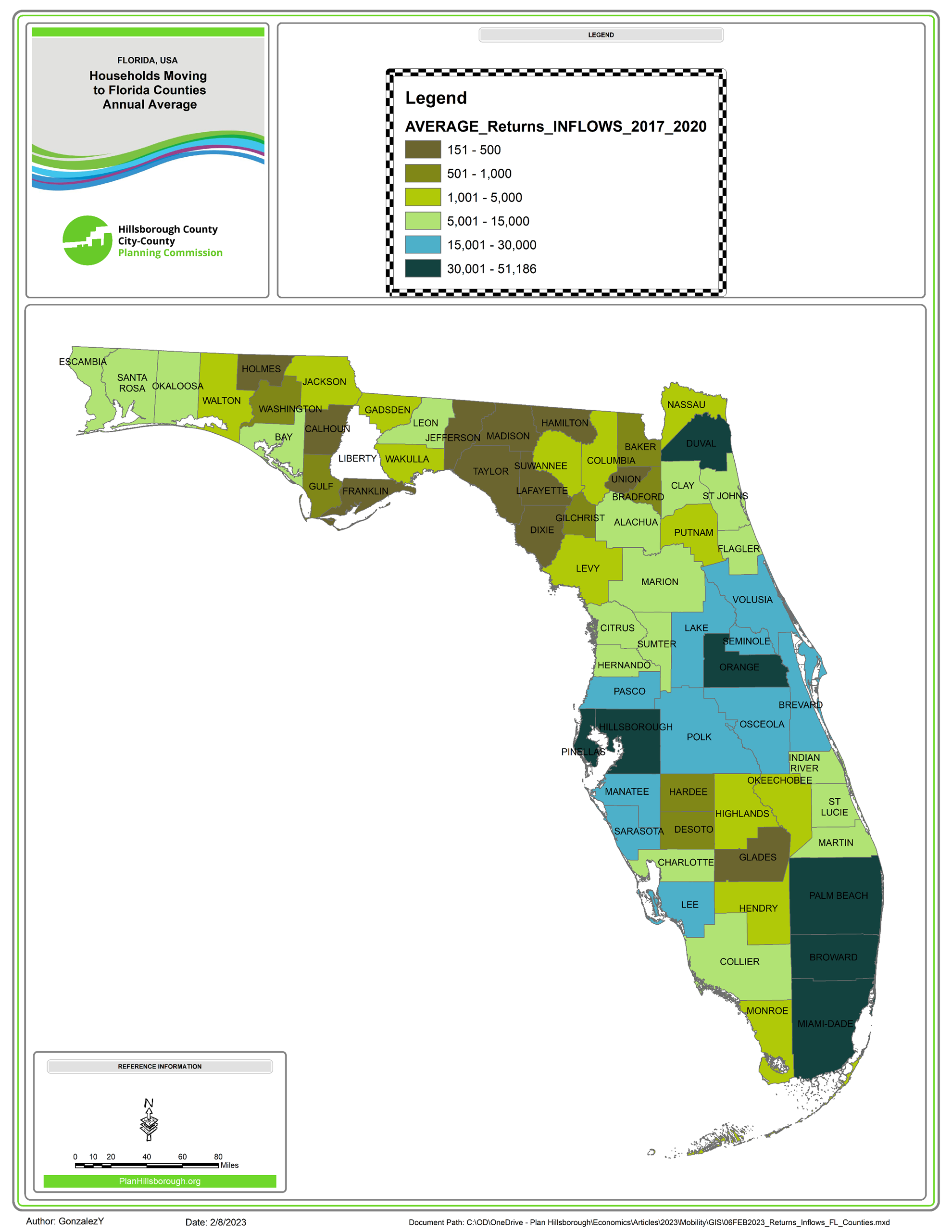 Map shows all Florida Counties. For each county, the map indicates how many average new households the county received. Hillsborough, Orange, and Pinellas receive over 30,000 new households per year.