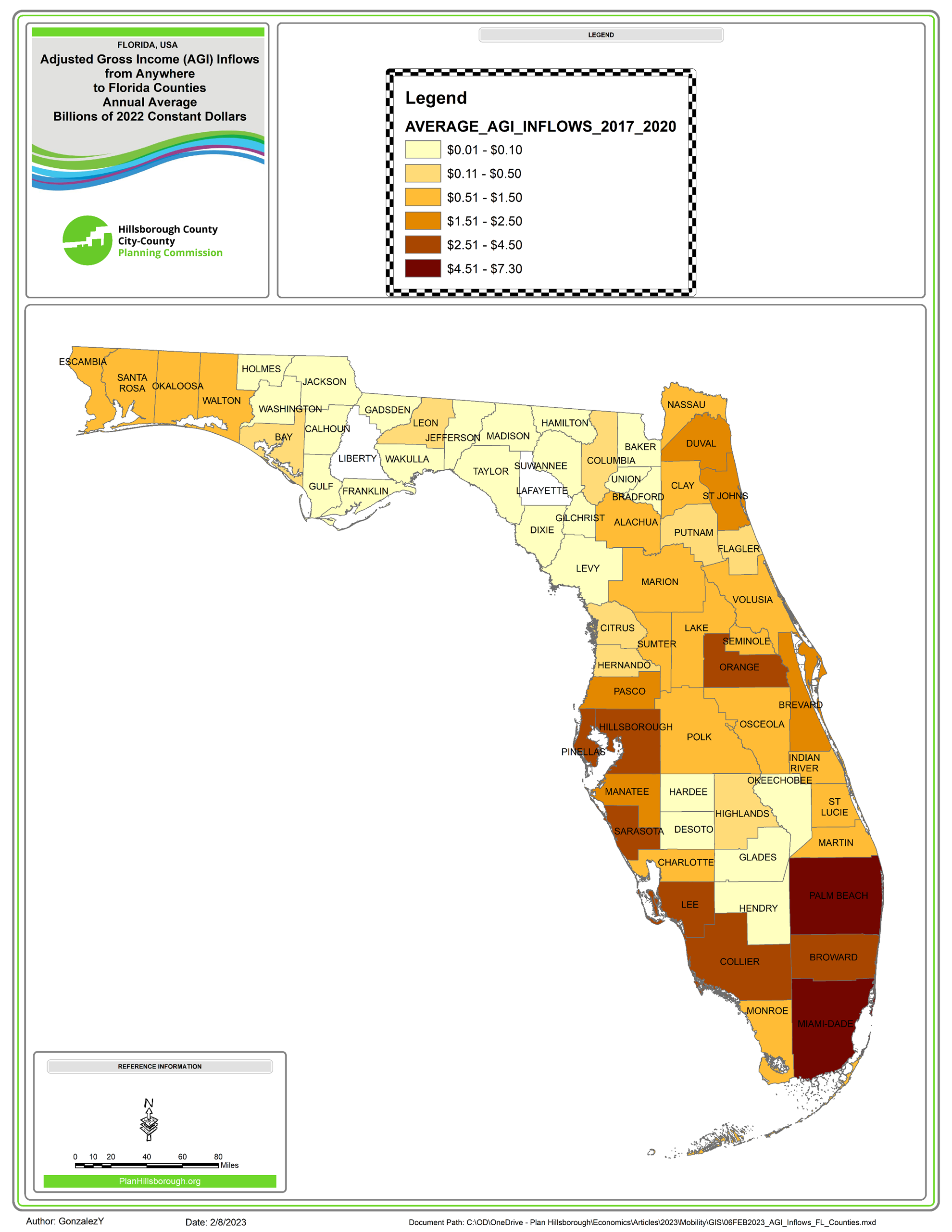 Map shows all Florida Counties. For each county, the map indicates how much AGI the county is attracting on annual basis. Hillsborough, Pinellas, and Sarasota receive over $2.51 billion new AGI per year.